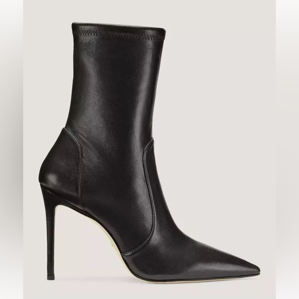 Stuart Weitzman Stuart 100 Stretch Bootie Stiletto Point Toe Black Leather Ankle